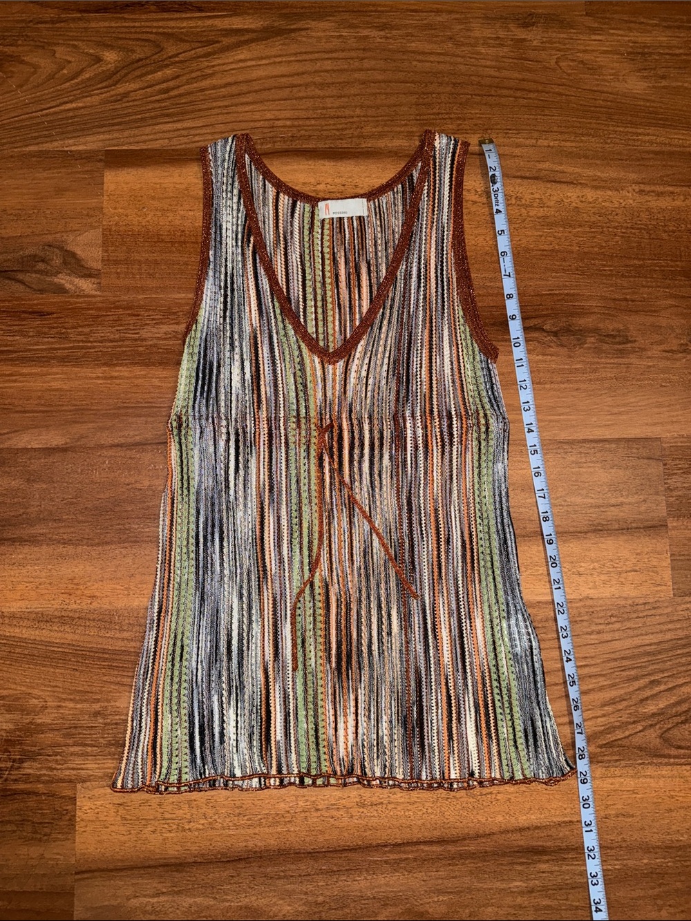MISSONI- Sheer Multi-Color Striped V-Neck Knit Mini Dress - Picture 2 of 8